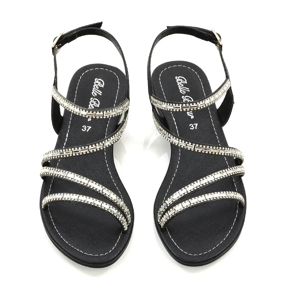 Mercedes Flat Diamante Sandals With Buckle Ankle Strap in Black sold by XYlondon product image thumbnail 5
