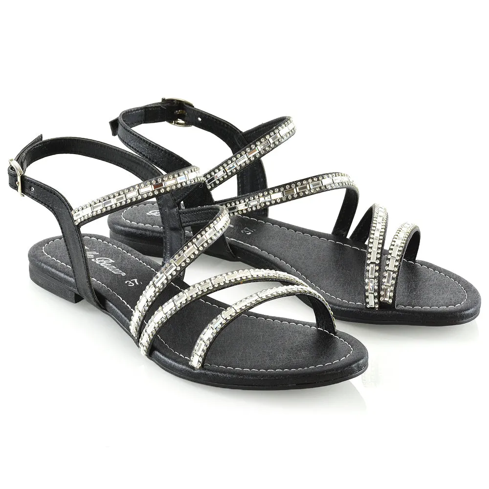 Mercedes Flat Diamante Sandals With Buckle Ankle Strap in Black sold by XYlondon product image thumbnail 3