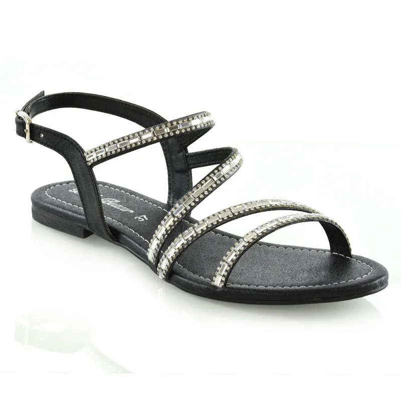 Mercedes Flat Diamante Sandals With Buckle Ankle Strap in Black made by XYlondon