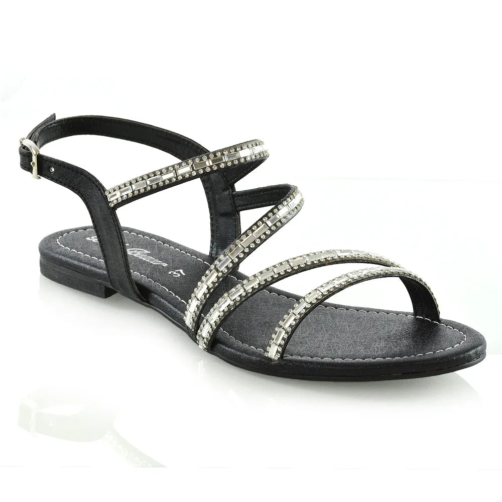 Mercedes Flat Diamante Sandals With Buckle Ankle Strap in Black sold by XYlondon