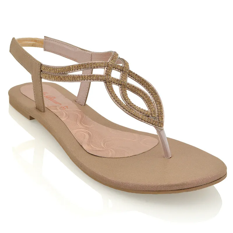 Arabella Diamante Detail Sling Back Strappy Low Heel Toe Post Flat Sandals for Women in Rose Gold sold by XYlondon