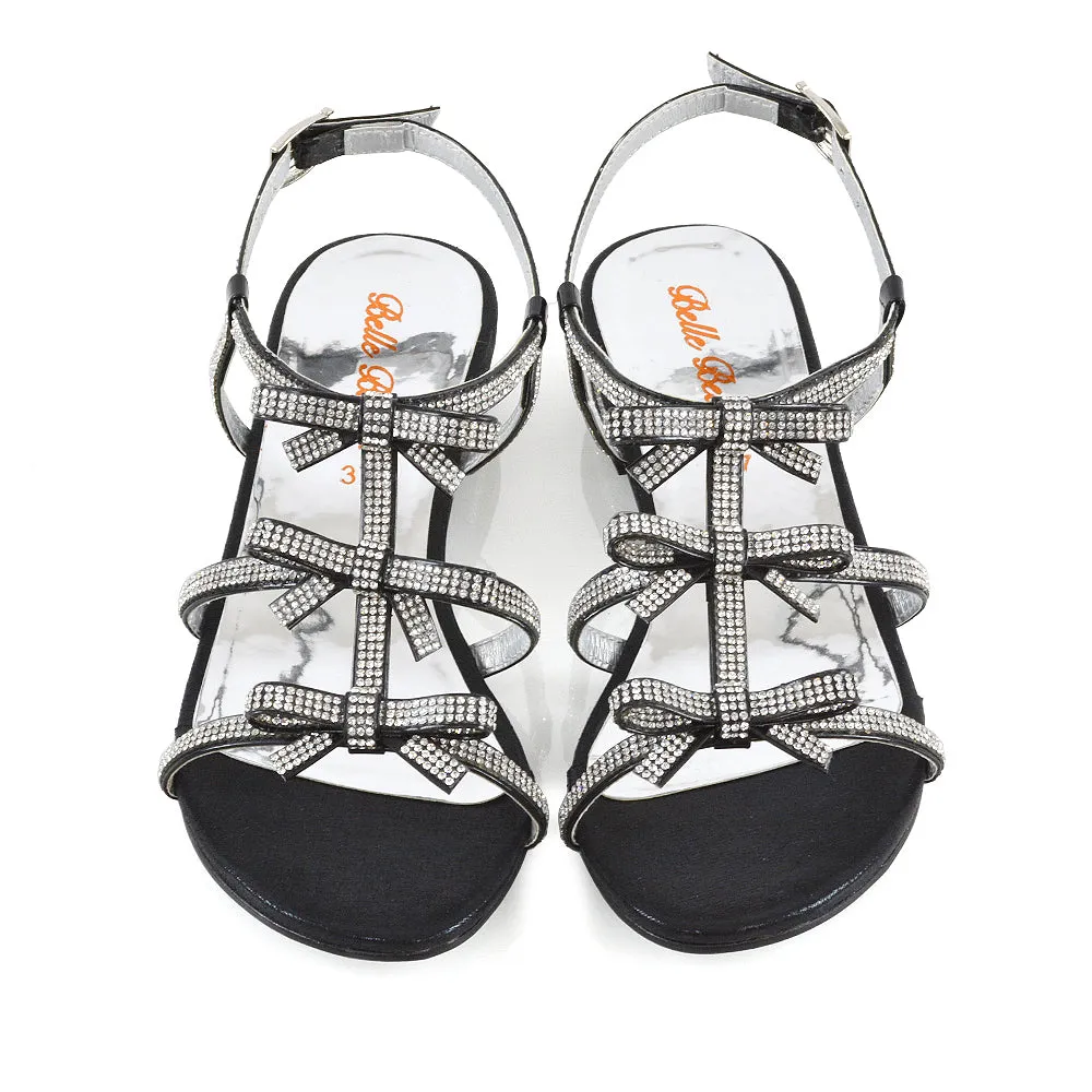 KENZIE LOW BLOCK HEEL BOW DETAIL SPARKLY DIAMANTE ANKLE STRAP FLAT SANDALS IN BLACK sold by XYlondon product image thumbnail 5