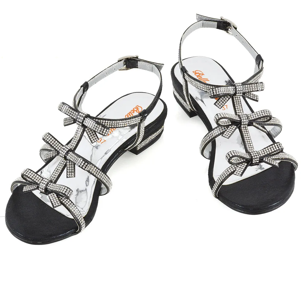KENZIE LOW BLOCK HEEL BOW DETAIL SPARKLY DIAMANTE ANKLE STRAP FLAT SANDALS IN BLACK sold by XYlondon product image thumbnail 4