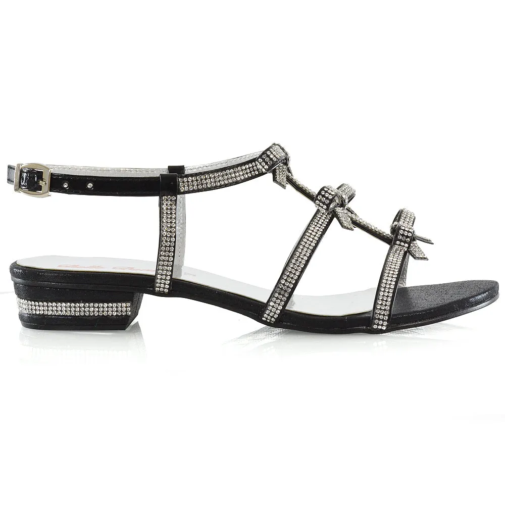 KENZIE LOW BLOCK HEEL BOW DETAIL SPARKLY DIAMANTE ANKLE STRAP FLAT SANDALS IN BLACK sold by XYlondon product image thumbnail 2