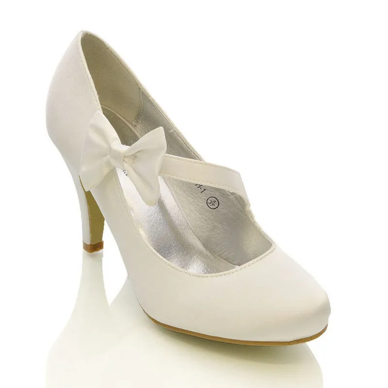 Cecilia Bow Detail Strappy Low mid Stiletto Heel Court Shoes in White Satin made by XYlondon