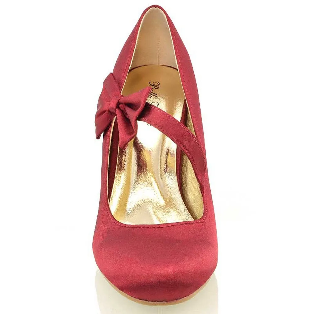 Cecilia Bow Detail Strappy Low mid Stiletto Heel Court Shoes in Burgundy Satin sold by XYlondon product image thumbnail 3
