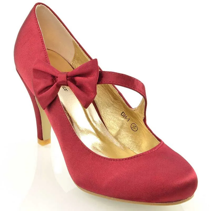 Cecilia Bow Detail Strappy Low mid Stiletto Heel Court Shoes in Burgundy Satin made by XYlondon