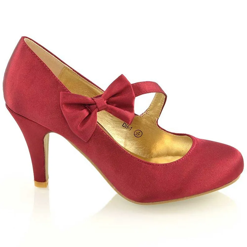 Cecilia Bow Detail Strappy Low mid Stiletto Heel Court Shoes in Burgundy Satin sold by XYlondon product image thumbnail 2