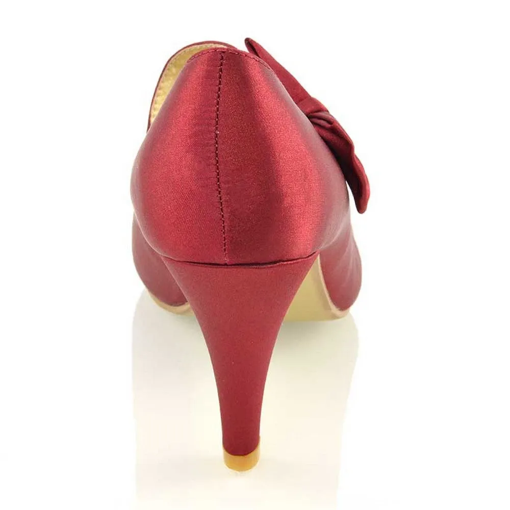 Cecilia Bow Detail Strappy Low mid Stiletto Heel Court Shoes in Burgundy Satin sold by XYlondon product image thumbnail 4
