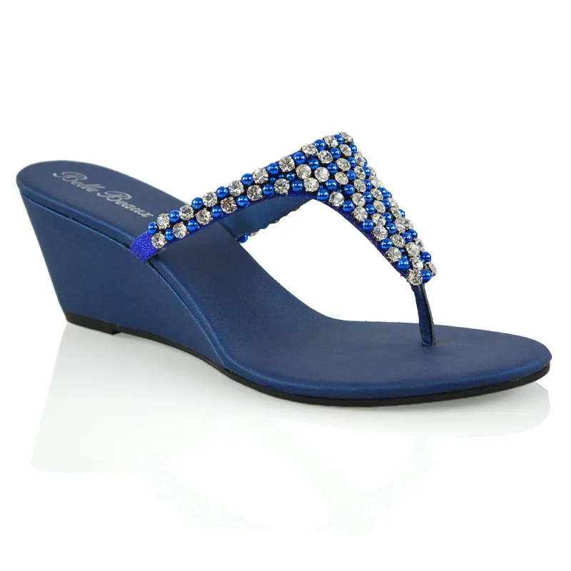 Logan Diamante Embellished Sparkly Statement Strappy Toe Post Thong Wedge Sandal High Heels in Navy sold by XYlondon