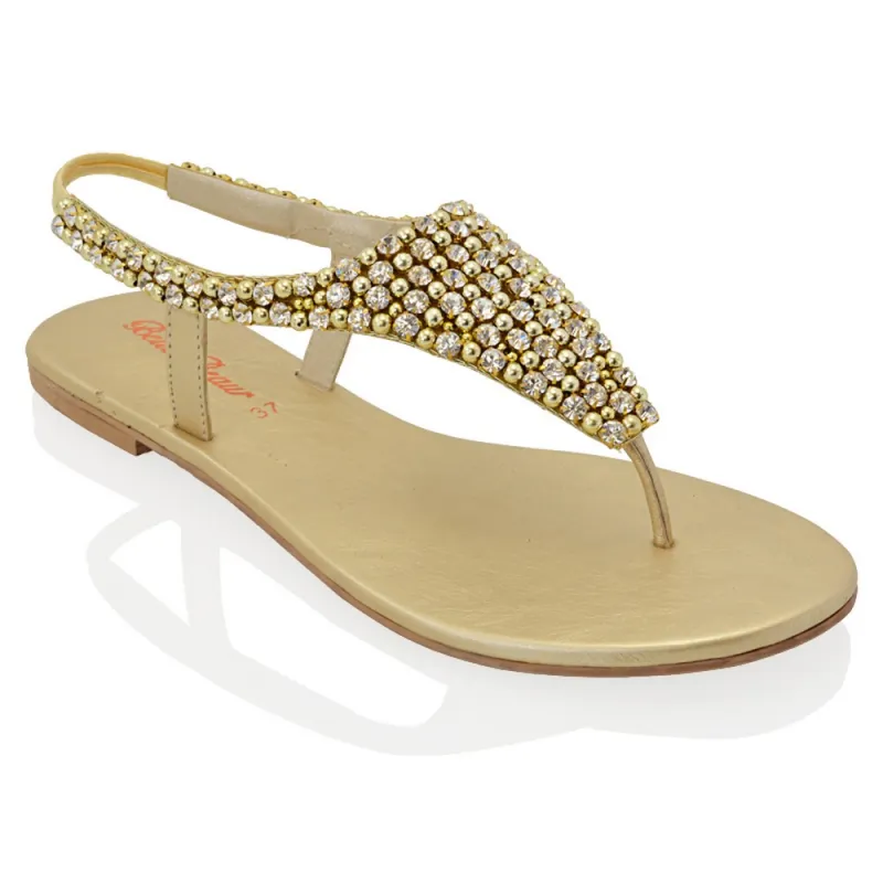 Lauren Diamante Embellished Toe Post Slingback Strap Sparkly Flat Summer Sandals in Gold sold by XYlondon