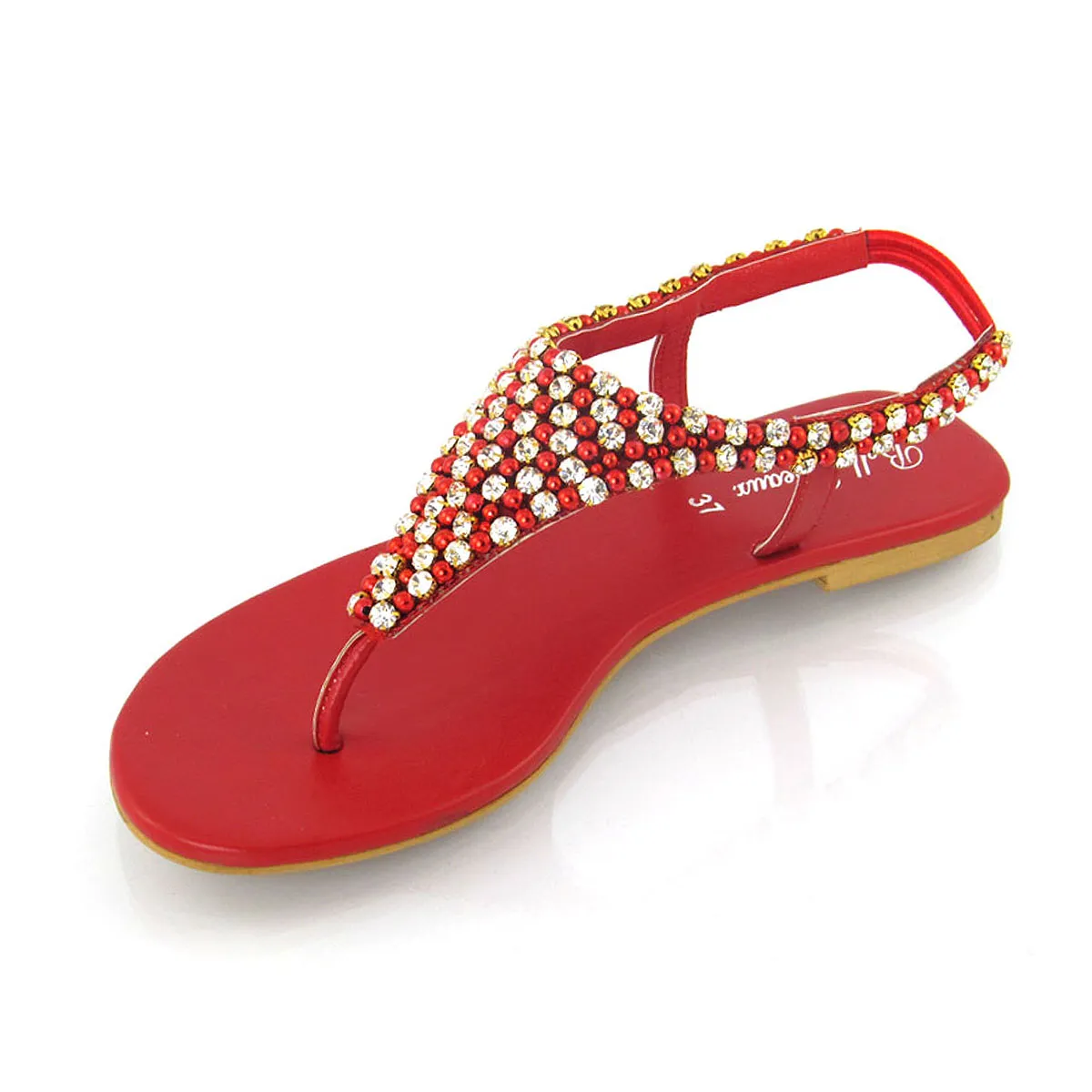 LAUREN DIAMANTE EMBELLISHED TOE POST STRAPPY SLINGBACK SPARKLY FLAT SUMMER SANDALS IN RED sold by XYlondon product image thumbnail 3