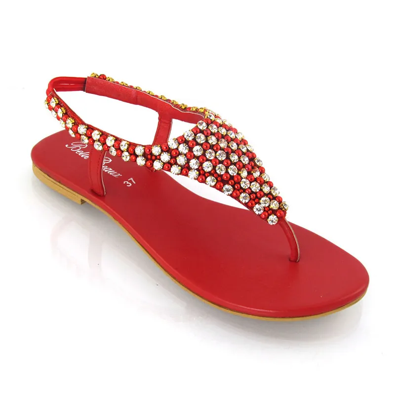 LAUREN DIAMANTE EMBELLISHED TOE POST STRAPPY SLINGBACK SPARKLY FLAT SUMMER SANDALS IN RED sold by XYlondon