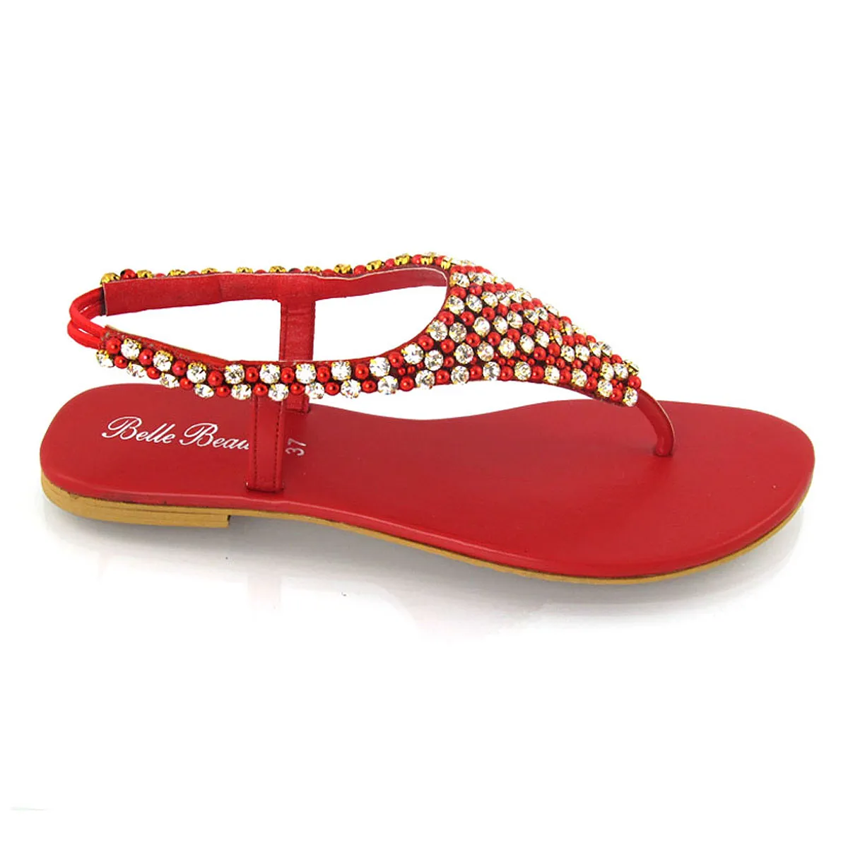 LAUREN DIAMANTE EMBELLISHED TOE POST STRAPPY SLINGBACK SPARKLY FLAT SUMMER SANDALS IN RED sold by XYlondon product image thumbnail 2