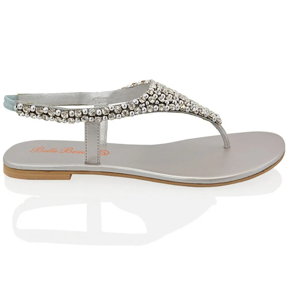 Lauren Diamante Embellished Toe Post Slingback Strap Sparkly Flat Summer Sandals in Silver sold by XYlondon product image thumbnail 2