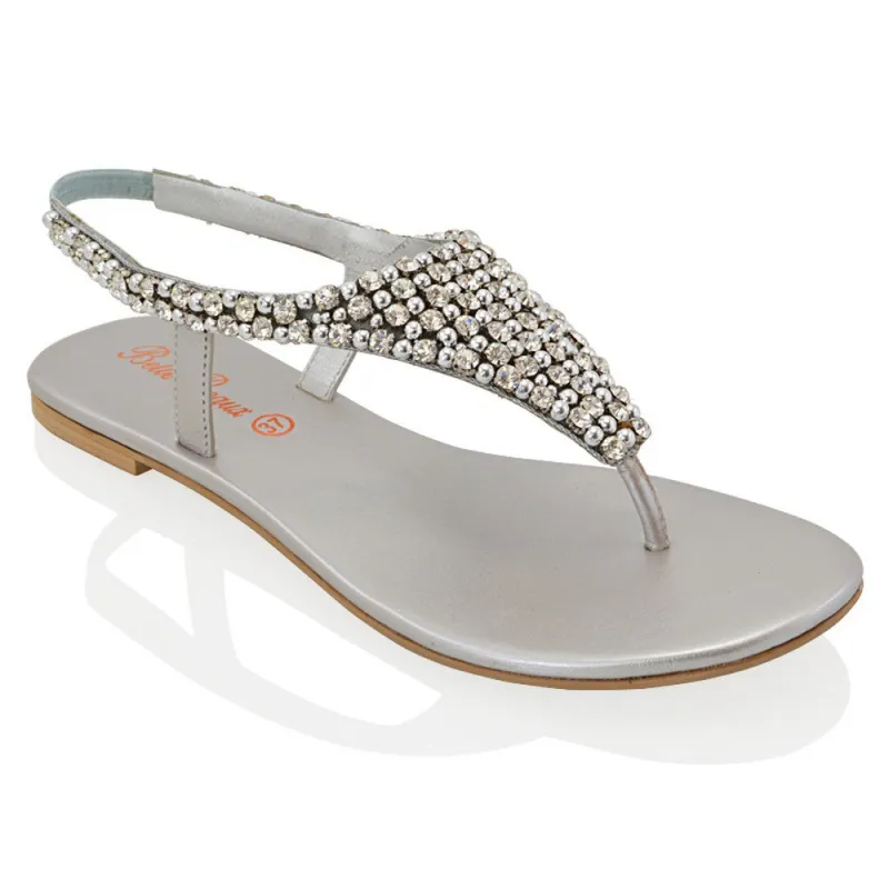 Lauren Diamante Embellished Toe Post Slingback Strap Sparkly Flat Summer Sandals in Silver made by XYlondon