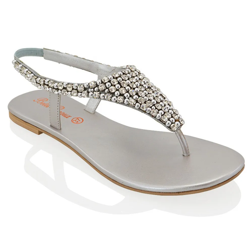Lauren Diamante Embellished Toe Post Slingback Strap Sparkly Flat Summer Sandals in Silver sold by XYlondon