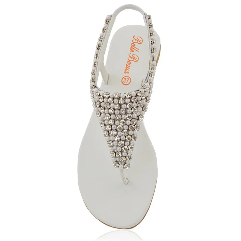 Lauren Diamante Embellished Toe Post Slingback Strap Sparkly Flat Summer Sandals in White sold by XYlondon product image thumbnail 3