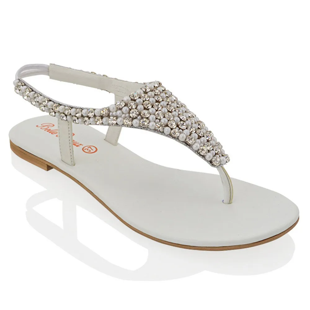 Lauren Diamante Embellished Toe Post Slingback Strap Sparkly Flat Summer Sandals in White sold by XYlondon product image thumbnail 4