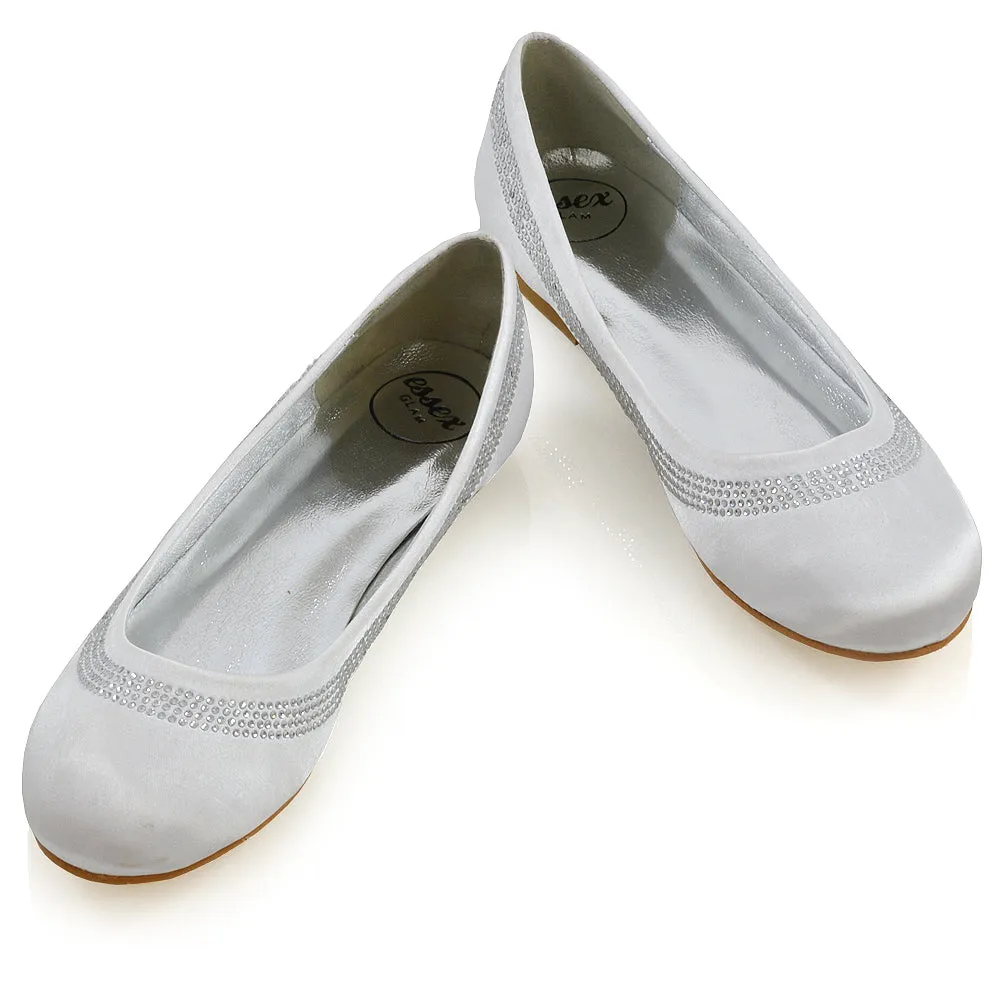 GEORGIE POINTED TOE SLIP ON FLAT DIAMANTE BALLET BALLERINA PUMP SHOES IN WHITE SATIN sold by XYlondon product image thumbnail 4