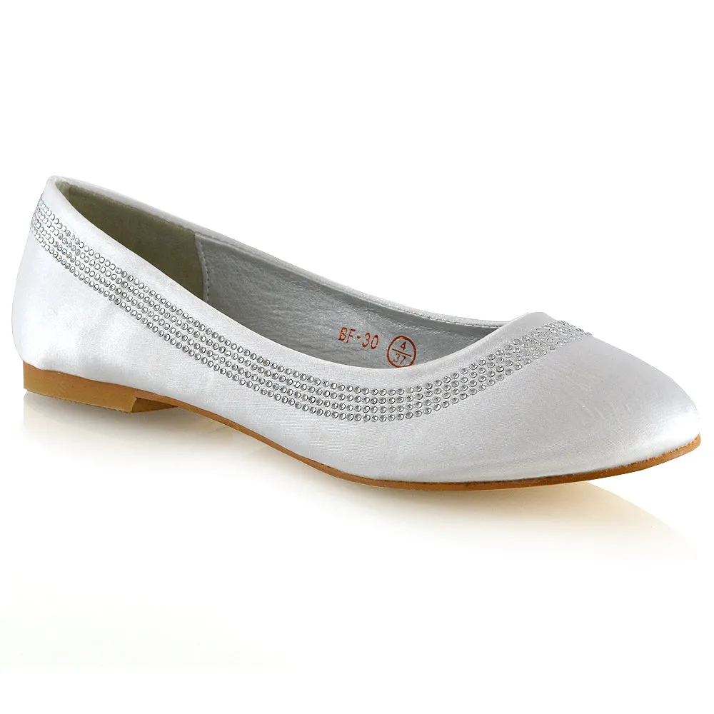 GEORGIE POINTED TOE SLIP ON FLAT DIAMANTE BALLET BALLERINA PUMP SHOES IN WHITE SATIN sold by XYlondon