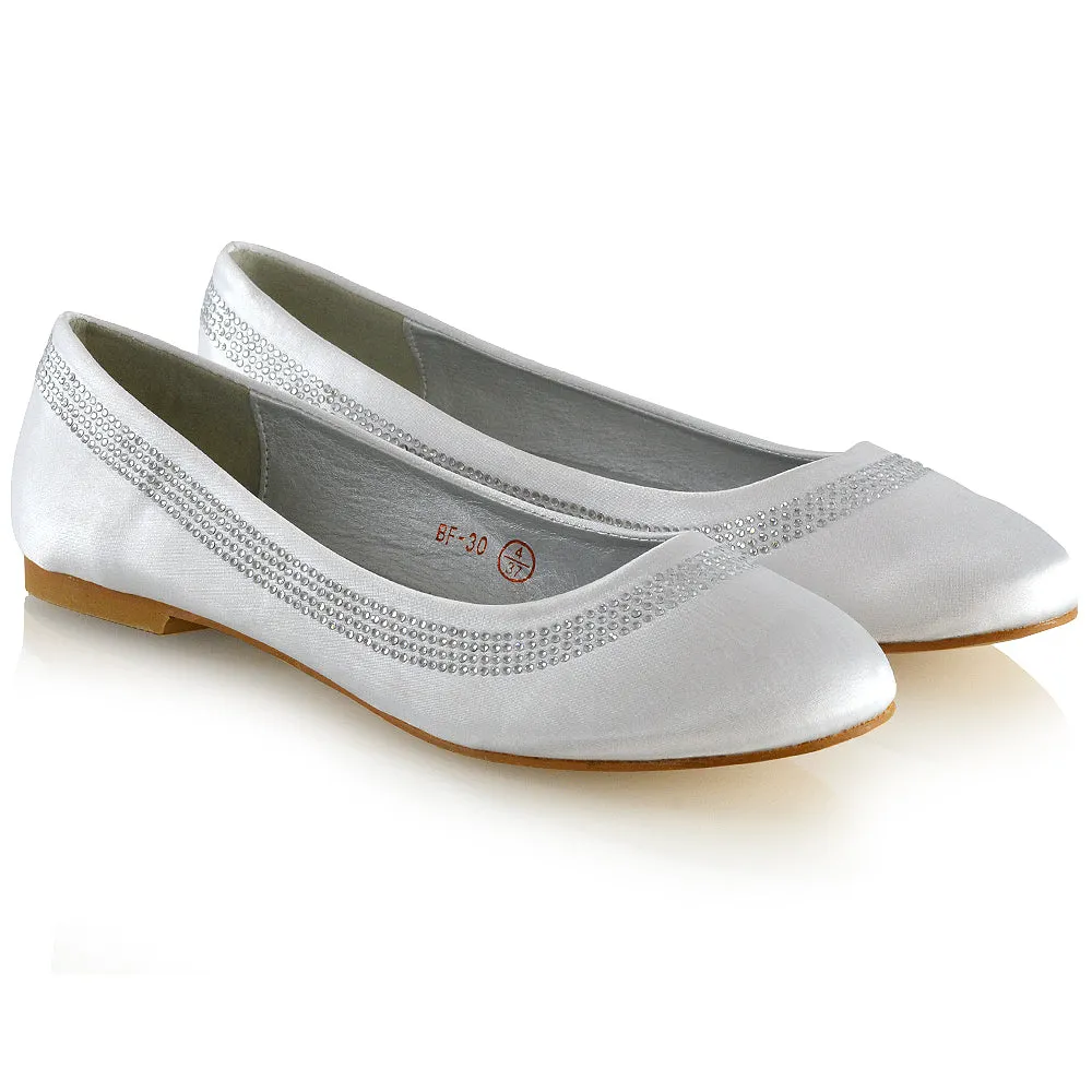 GEORGIE POINTED TOE SLIP ON FLAT DIAMANTE BALLET BALLERINA PUMP SHOES IN WHITE SATIN sold by XYlondon product image thumbnail 3