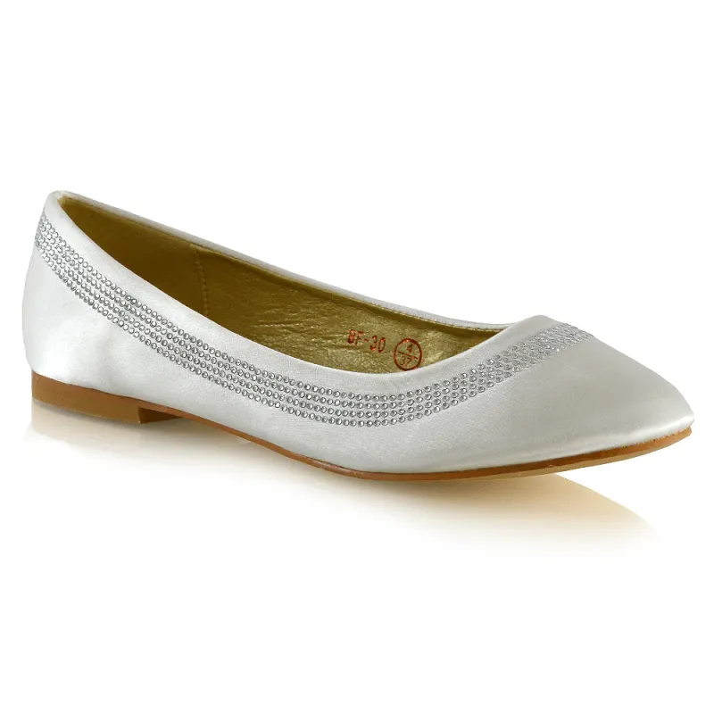 GEORGIE POINTED TOE SLIP ON FLAT DIAMANTE BALLET BALLERINA PUMP SHOES IN IVORY SATIN sold by XYlondon
