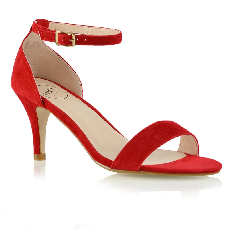 Jamie-Lee Dainty Buckle Ankle Strap mid Stiletto High Heel Sandals in Red sold by XYlondon