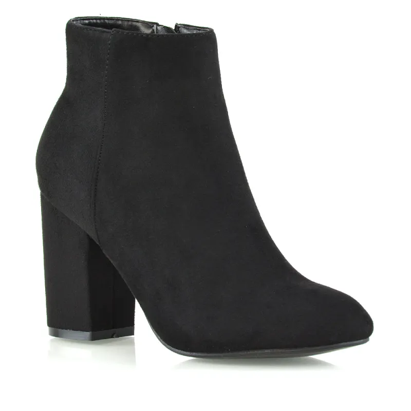 PEACHES CHUNKY BLOCK HIGH HEEL ZIP UP ANKLE WINTER BOOTS IN BLACK FAUX SUEDE sold by XYlondon
