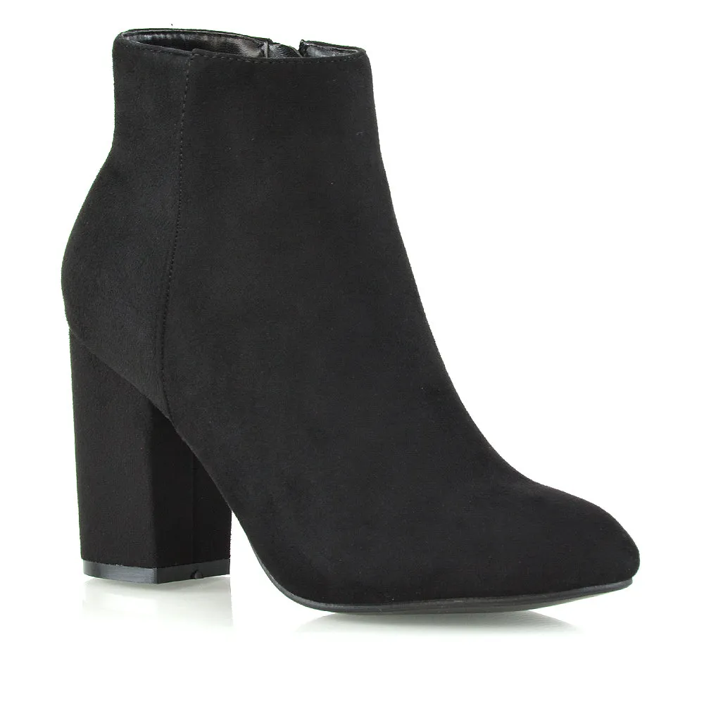 PEACHES CHUNKY BLOCK HIGH HEEL ZIP UP ANKLE WINTER BOOTS IN BLACK FAUX SUEDE sold by XYlondon
