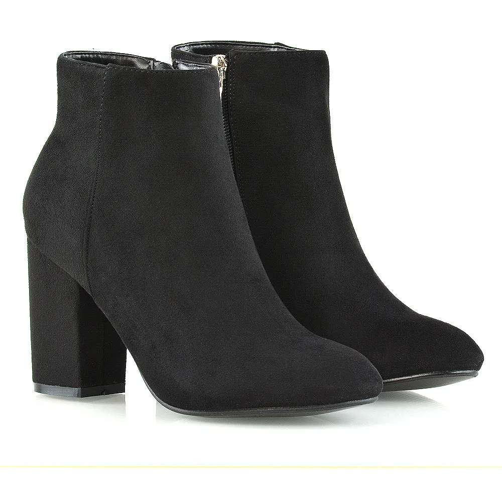 PEACHES CHUNKY BLOCK HIGH HEEL ZIP UP ANKLE WINTER BOOTS IN BLACK FAUX SUEDE sold by XYlondon product image thumbnail 3
