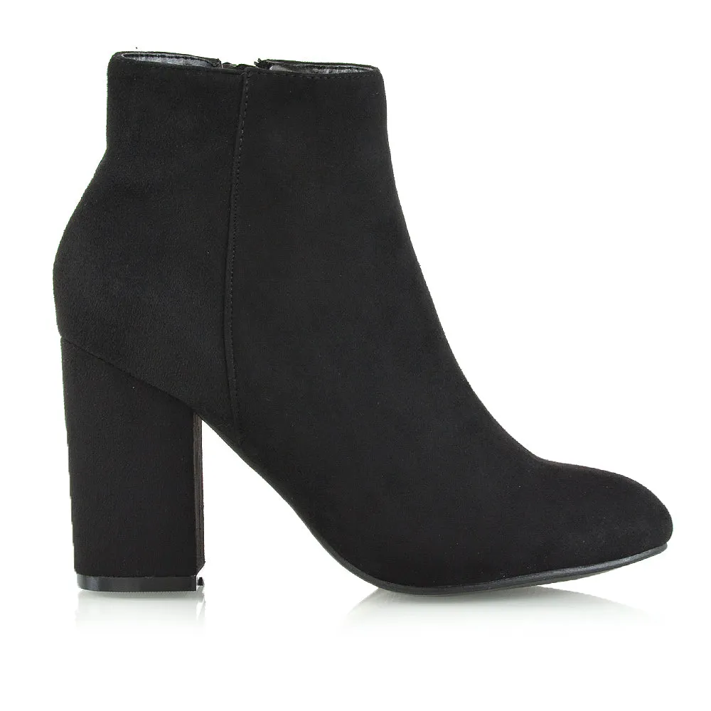 PEACHES CHUNKY BLOCK HIGH HEEL ZIP UP ANKLE WINTER BOOTS IN BLACK FAUX SUEDE sold by XYlondon product image thumbnail 2