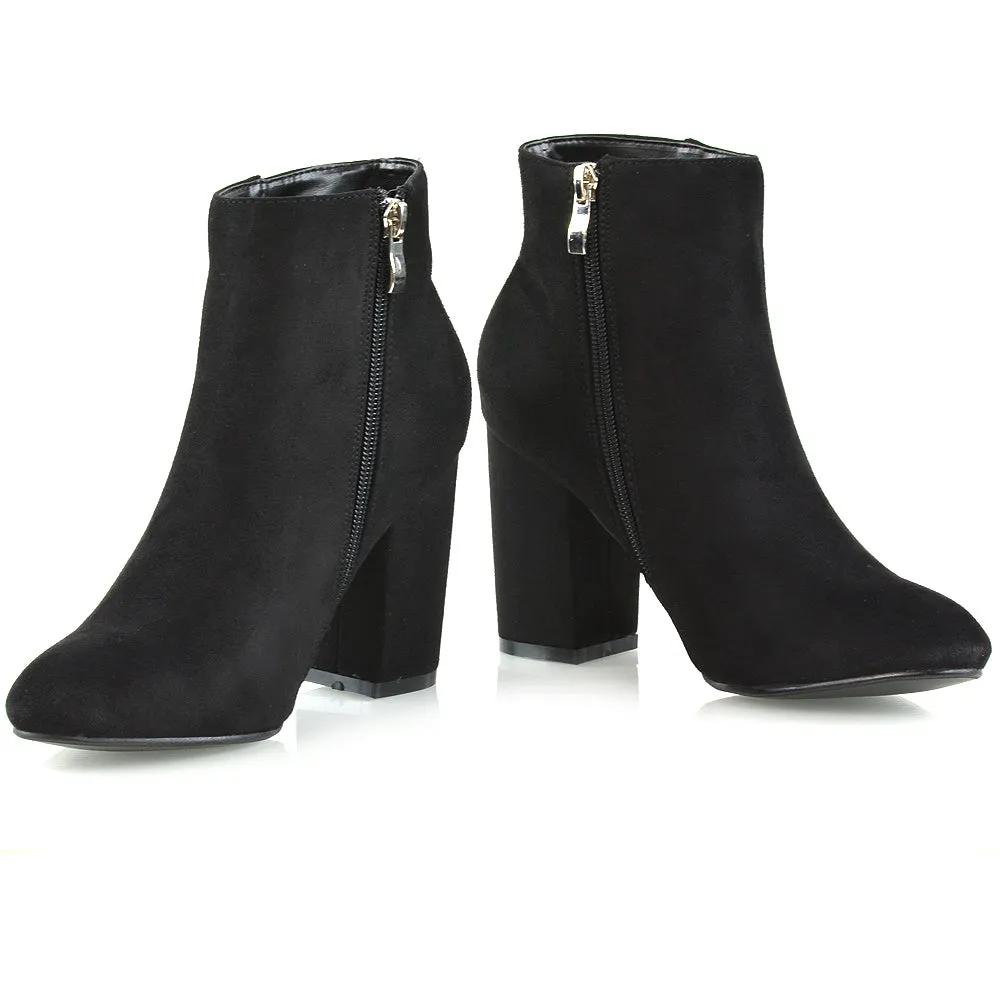 PEACHES CHUNKY BLOCK HIGH HEEL ZIP UP ANKLE WINTER BOOTS IN BLACK FAUX SUEDE sold by XYlondon product image thumbnail 4