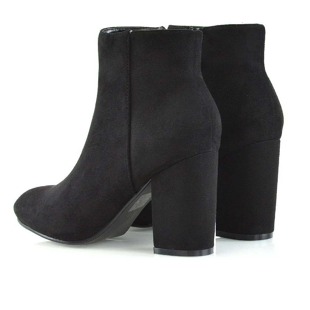 PEACHES CHUNKY BLOCK HIGH HEEL ZIP UP ANKLE WINTER BOOTS IN BLACK FAUX SUEDE sold by XYlondon product image thumbnail 5