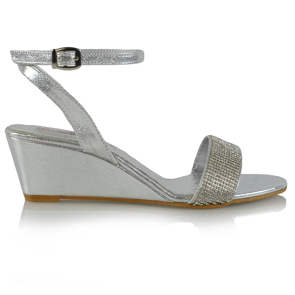 REAGAN DIAMANTE SPARKLY FRONT STRAP BUCKLE DETAIL SANDAL WEDGE LOW HEELS IN SILVER sold by XYlondon product image thumbnail 2