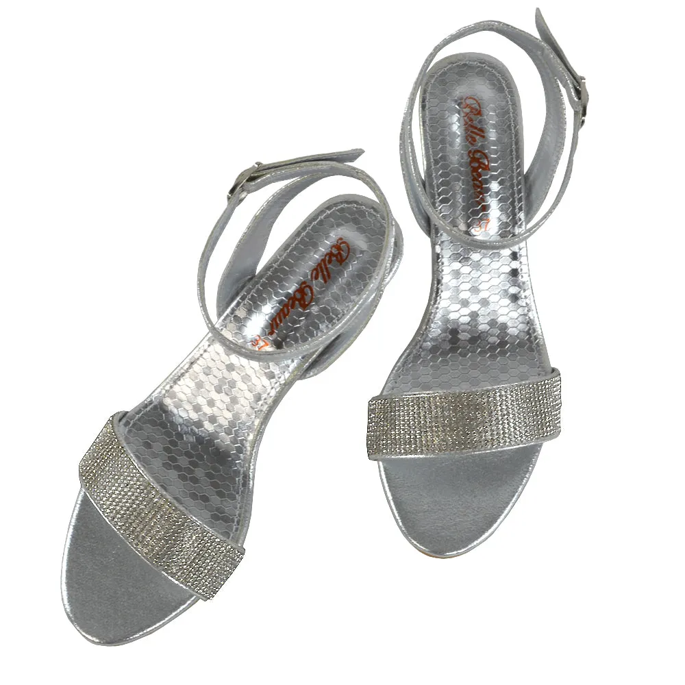 REAGAN DIAMANTE SPARKLY FRONT STRAP BUCKLE DETAIL SANDAL WEDGE LOW HEELS IN SILVER sold by XYlondon product image thumbnail 5