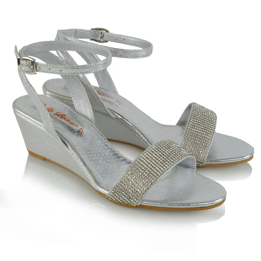 REAGAN DIAMANTE SPARKLY FRONT STRAP BUCKLE DETAIL SANDAL WEDGE LOW HEELS IN SILVER sold by XYlondon product image thumbnail 3