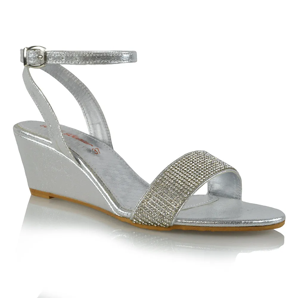 REAGAN DIAMANTE SPARKLY FRONT STRAP BUCKLE DETAIL SANDAL WEDGE LOW HEELS IN SILVER sold by XYlondon