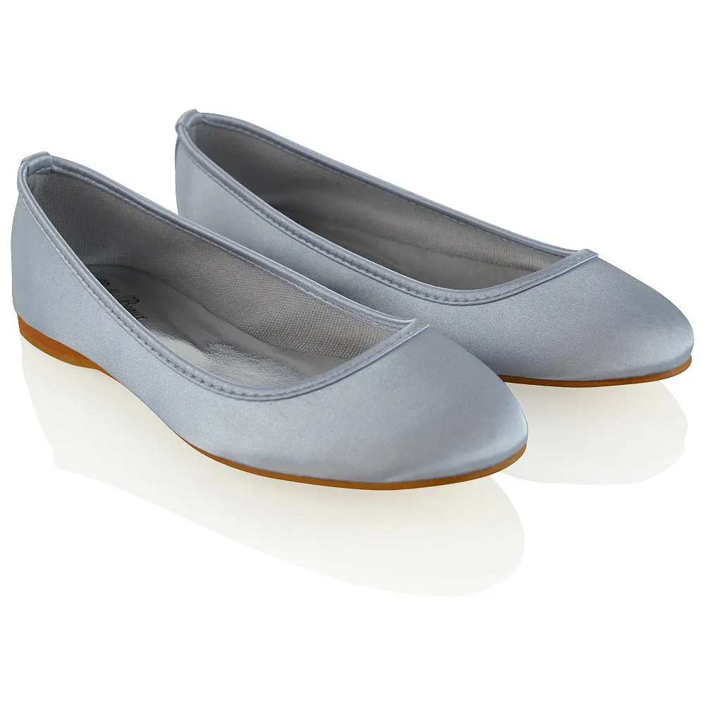 KARA FLAT BRIDAL SHOES LOW BLOCK HIGH HEELED WEDDING BALLERINA PUMPS IN SILVER SATIN sold by XYlondon product image thumbnail 3