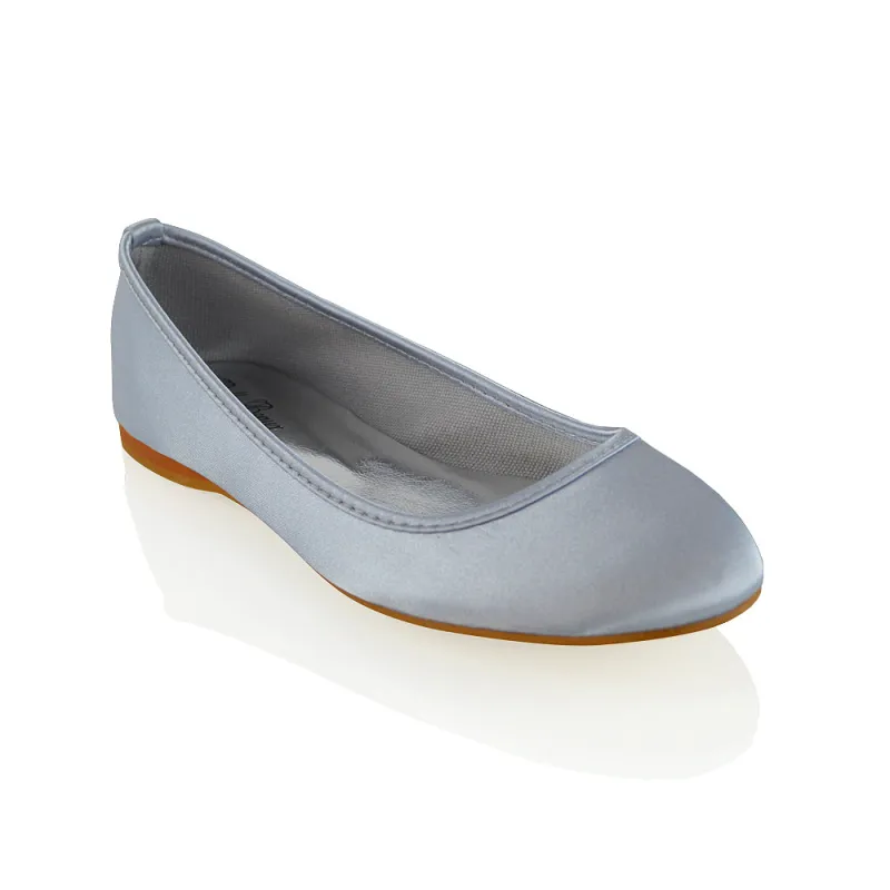 KARA FLAT BRIDAL SHOES LOW BLOCK HIGH HEELED WEDDING BALLERINA PUMPS IN SILVER SATIN sold by XYlondon