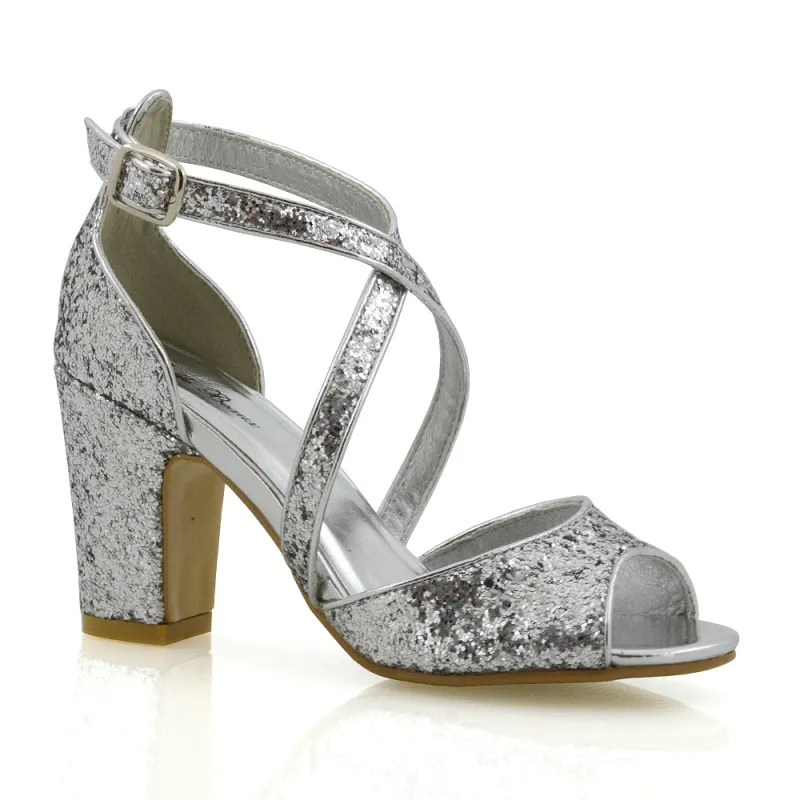 Harlow Cross Over Buckle Strappy Peep Toe Block High Heel Sandals IN SILVER GLITTER sold by XYlondon