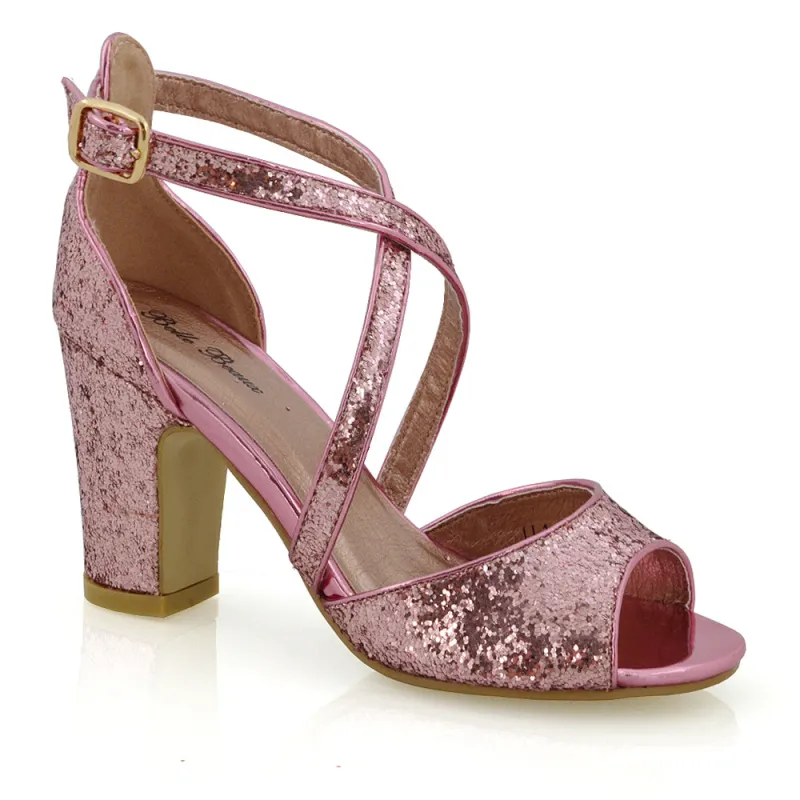 HARLOW CROSS OVER STRAPPY BUCKLE PEEP TOE BLOCK HIGH HEELS IN PINK GLITTER sold by XYlondon