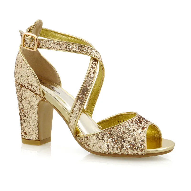 HARLOW CROSS OVER STRAPPY BUCKLE PEEP TOE BLOCK HIGH HEELS IN GOLD GLITTER made by XYlondon
