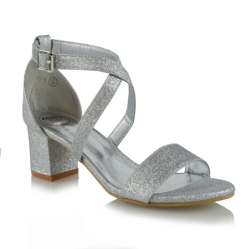 Jordyn Womens Cross Over Buckle Strap Low Chunky Block Heels IN SILVER GLITTER sold by XYlondon
