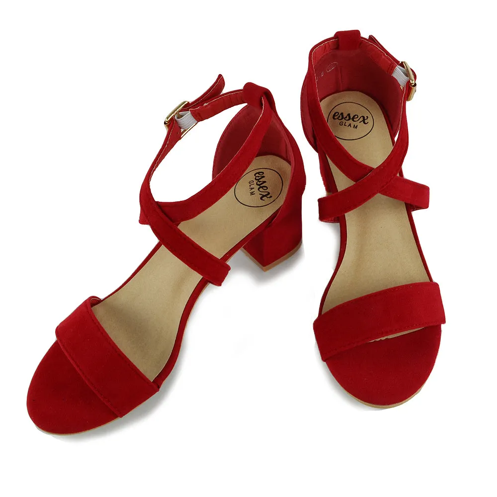 JORDYN CROSS OVER BUCKLE STRAP CHUNKY LOW BLOCK HEELS IN RED FAUX SUEDE sold by XYlondon product image thumbnail 4