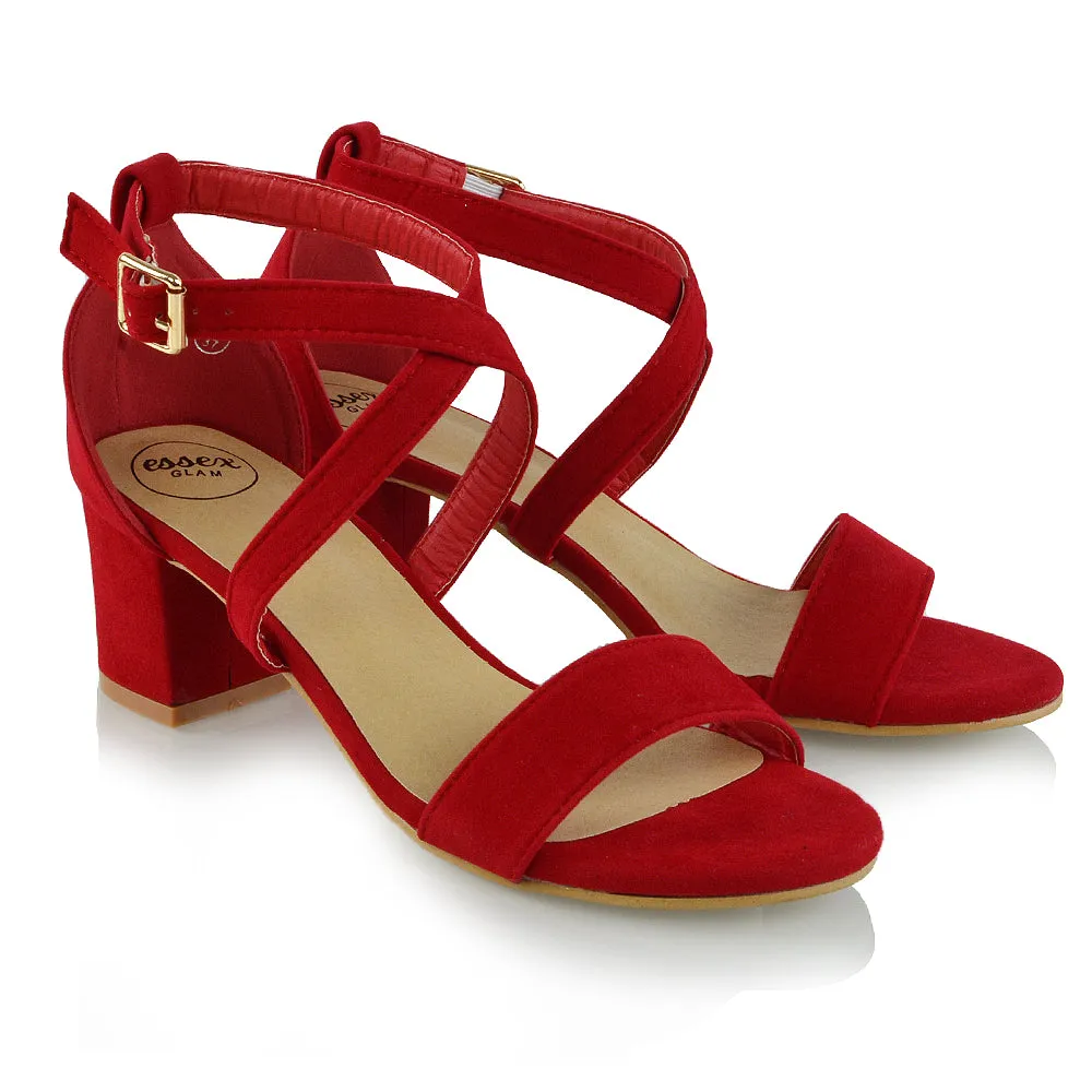 JORDYN CROSS OVER BUCKLE STRAP CHUNKY LOW BLOCK HEELS IN RED FAUX SUEDE sold by XYlondon product image thumbnail 3
