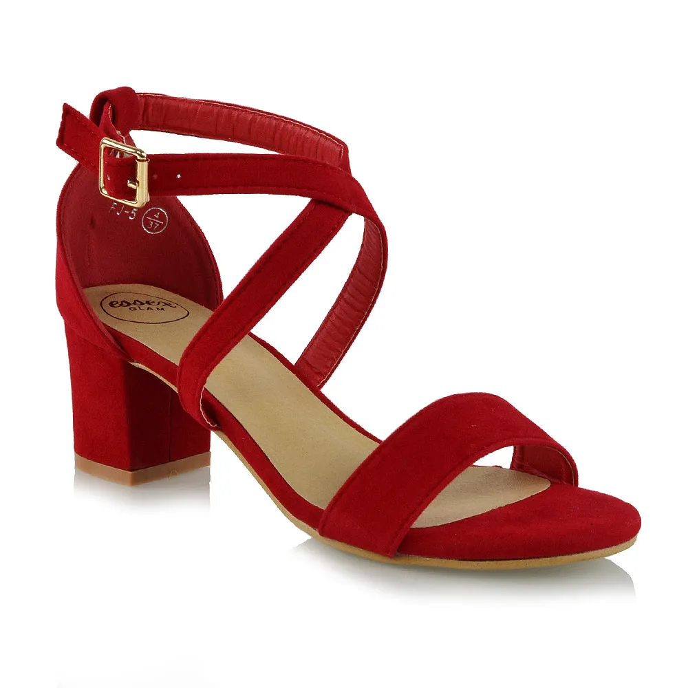 JORDYN CROSS OVER BUCKLE STRAP CHUNKY LOW BLOCK HEELS IN RED FAUX SUEDE sold by XYlondon