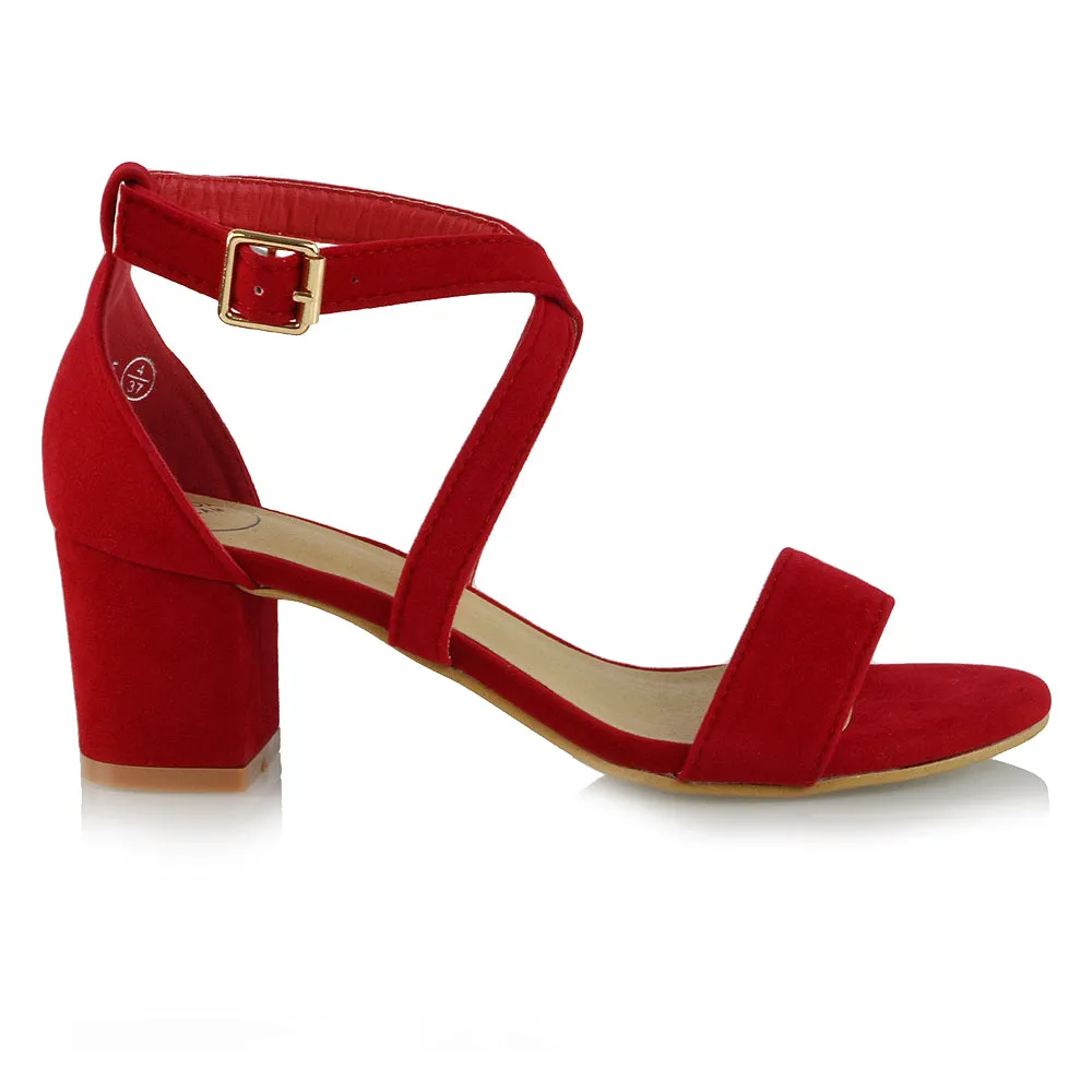 JORDYN CROSS OVER BUCKLE STRAP CHUNKY LOW BLOCK HEELS IN RED FAUX SUEDE sold by XYlondon product image thumbnail 2