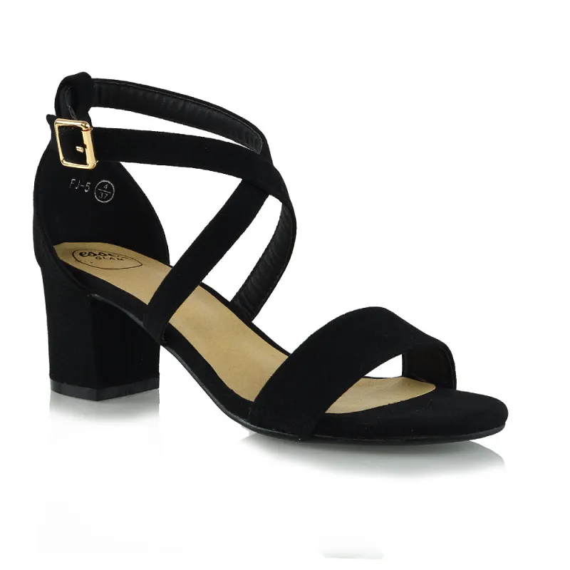 Jordyn Womens Cross Over Buckle Strap Low Chunky Block Heels IN BLACK FAUX SUEDE sold by XYlondon