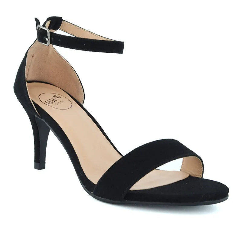 Jamie-Lee Dainty Buckle Ankle Strap mid Stiletto High Heel Sandals in Black sold by XYlondon
